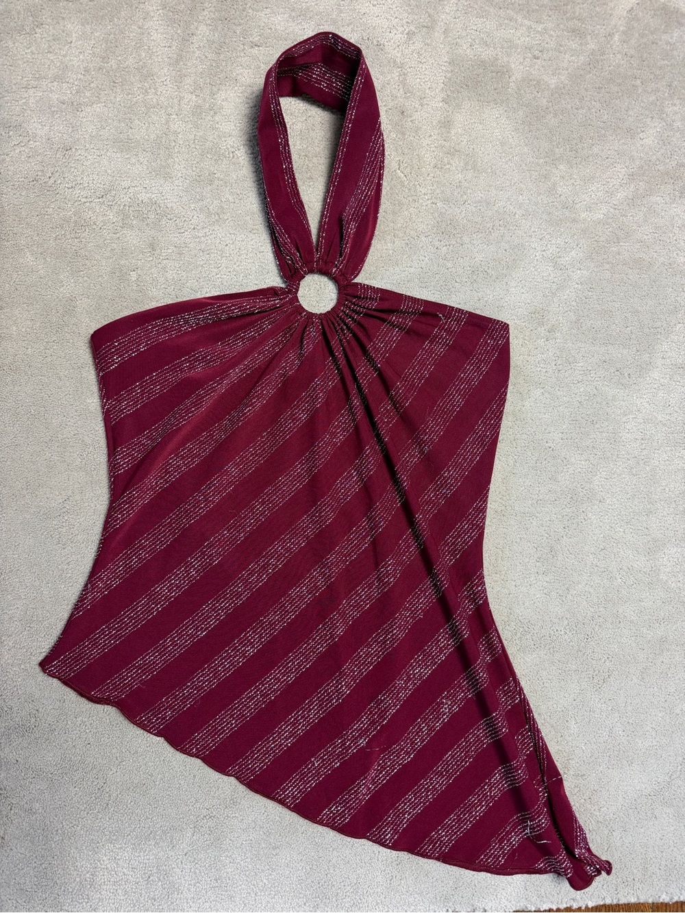 LIA LEE VINTAGE MADE IN USA SPARKLY ASYMMETRICAL HEM HALTER O-RING BURGUNDY TOP